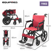 Equipmed Folding Transit Wheelchair, Lightweight Aluminium for Easy Transport, Crimson Red V219-HELWLCEQR41A