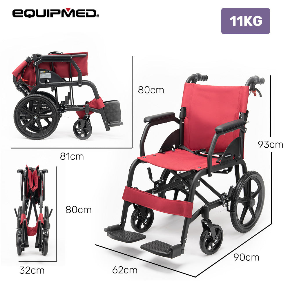 Equipmed Folding Transit Wheelchair, Lightweight Aluminium for Easy Transport, Crimson Red V219-HELWLCEQR41A
