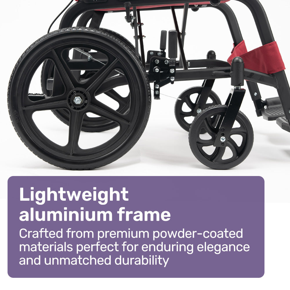 Equipmed Folding Transit Wheelchair, Lightweight Aluminium for Easy Transport, Crimson Red V219-HELWLCEQR41A