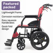 Equipmed Folding Transit Wheelchair, Lightweight Aluminium for Easy Transport, Crimson Red V219-HELWLCEQR41A