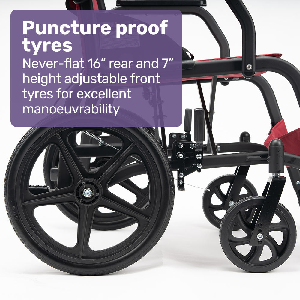 Equipmed Folding Transit Wheelchair, Lightweight Aluminium for Easy Transport, Crimson Red V219-HELWLCEQR41A