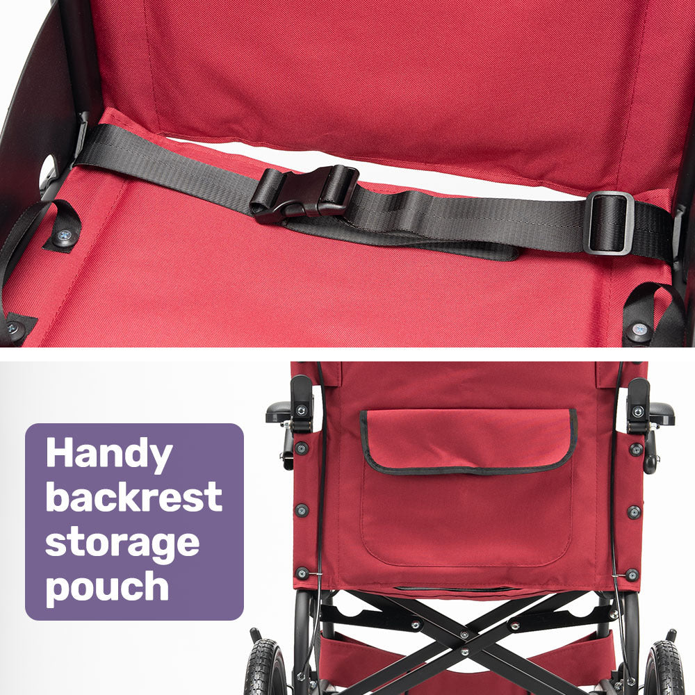 Equipmed Folding Transit Wheelchair, Lightweight Aluminium for Easy Transport, Crimson Red V219-HELWLCEQR41A