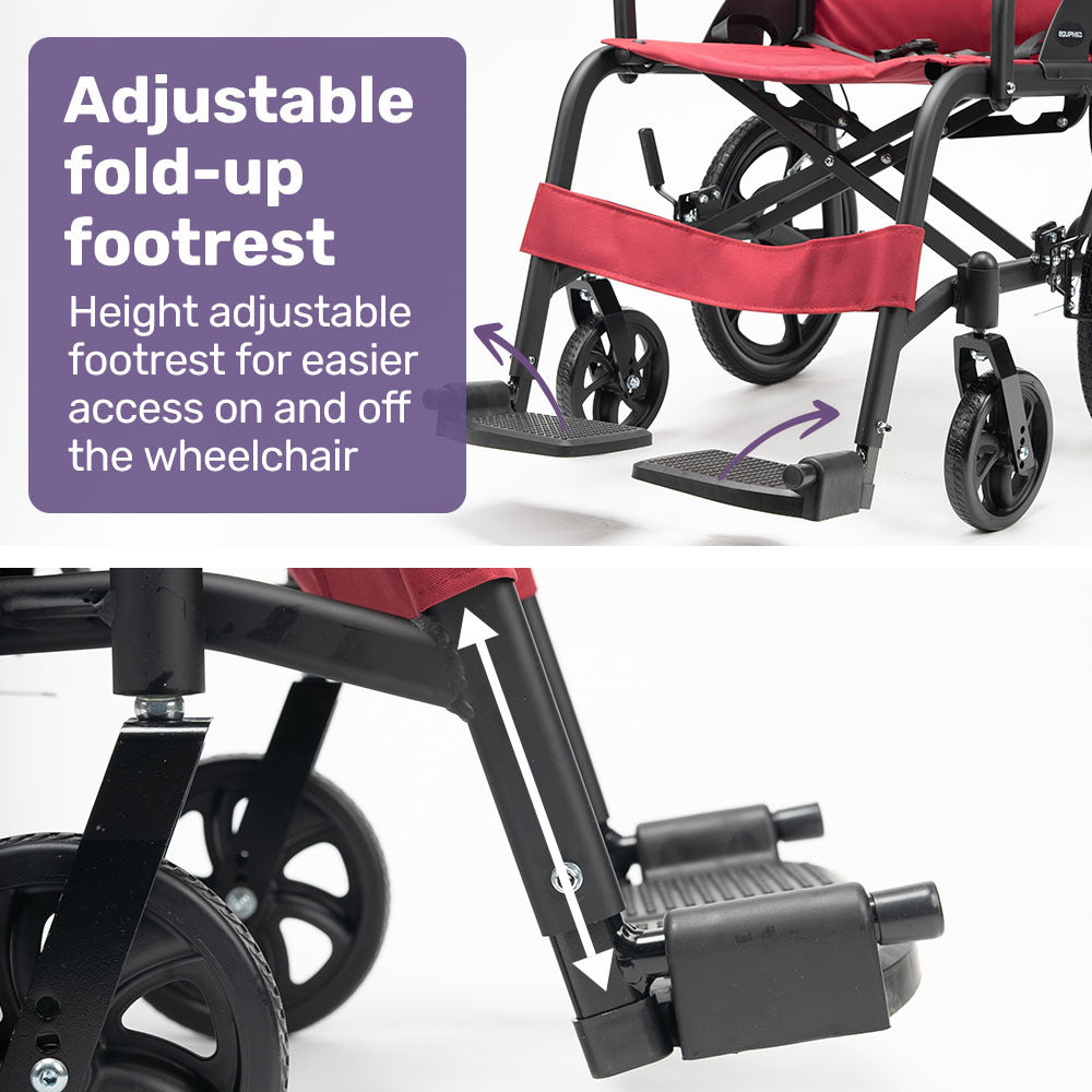 Equipmed Folding Transit Wheelchair, Lightweight Aluminium for Easy Transport, Crimson Red V219-HELWLCEQR41A