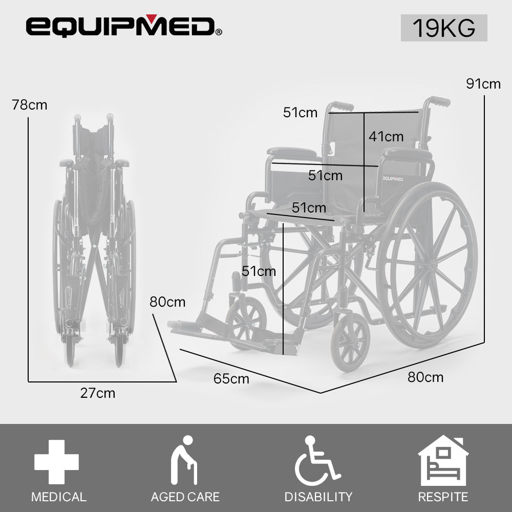 Equipmed 24 Inch Folding Bariatric Wheelchair, XL Wide Design, 136kg Capacity, Park Brakes, Retractable V219-HELWLCEQS24A