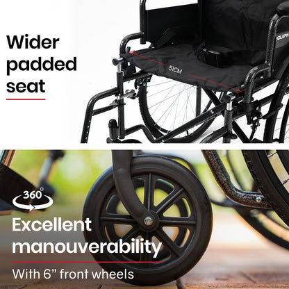 Equipmed 24 Inch Folding Bariatric Wheelchair, XL Wide Design, 136kg Capacity, Park Brakes, Retractable V219-HELWLCEQS24A