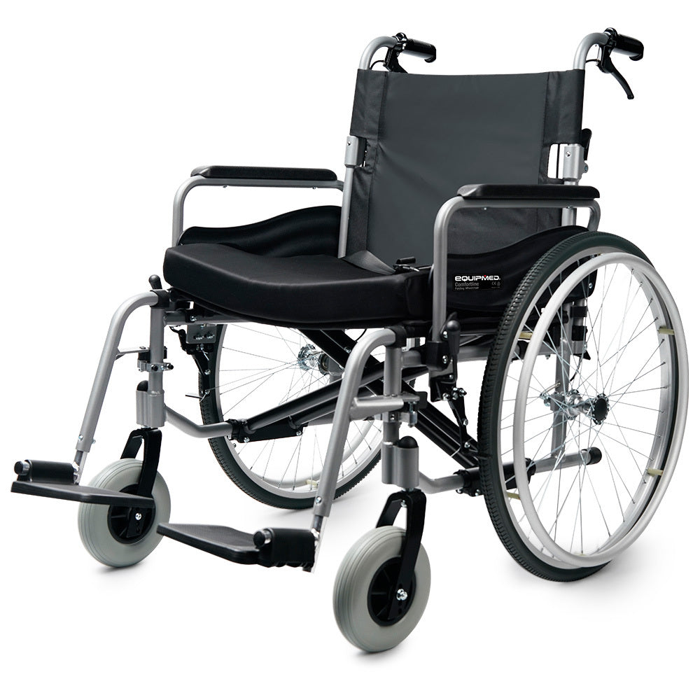 EQUIPMED Extra-Wide Folding Wheelchair, Aluminium Frame, 150kg Capacity, 24 Inch Wheels, Park Brakes, Black V219-HELWLCEQW31A