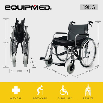 EQUIPMED Extra-Wide Folding Wheelchair, Aluminium Frame, 150kg Capacity, 24 Inch Wheels, Park Brakes, Black V219-HELWLCEQW31A