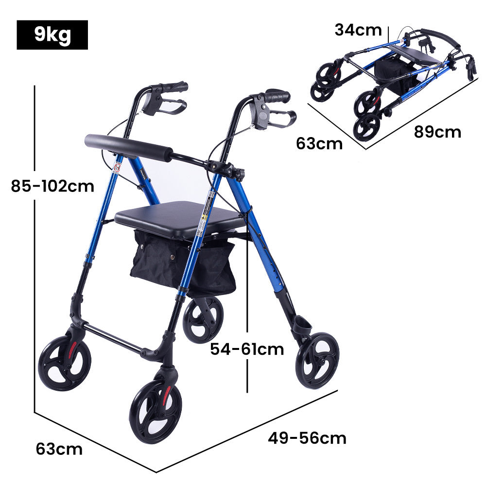 EQUIPMED 4 Wheel Lightweight Rollator Walker, Aluminium Frame, Seat, Carry Bag, for Seniors, Blue V219-HELWLKEQ95BB