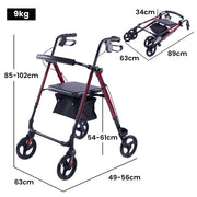 EQUIPMED 4 Wheel Lightweight Rollator Walker, Aluminium Frame, Seat, Carry Bag, for Seniors, Red V219-HELWLKEQ95RB
