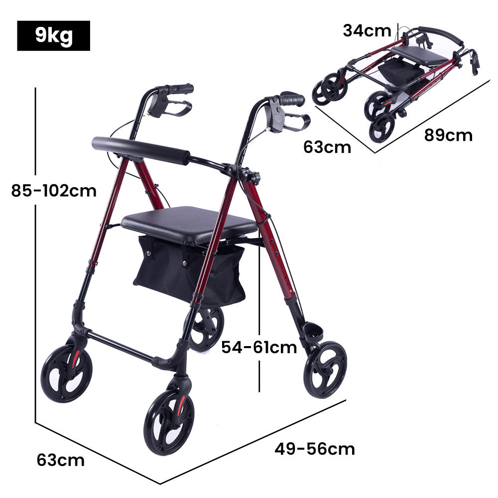 EQUIPMED 4 Wheel Lightweight Rollator Walker, Aluminium Frame, Seat, Carry Bag, for Seniors, Red V219-HELWLKEQ95RB