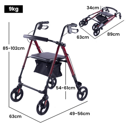 EQUIPMED 4 Wheel Lightweight Rollator Walker, Aluminium Frame, Seat, Carry Bag, for Seniors, Red V219-HELWLKEQ95RB