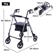 EQUIPMED 4 Wheel Lightweight Rollator Walker, Aluminium Frame, Seat, Carry Bag, for Seniors, Titanium Style V219-HELWLKEQ95TB