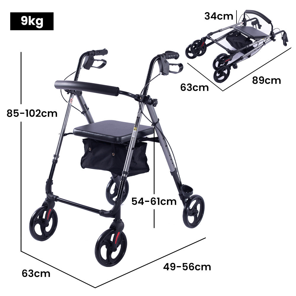 EQUIPMED 4 Wheel Lightweight Rollator Walker, Aluminium Frame, Seat, Carry Bag, for Seniors, Titanium Style V219-HELWLKEQ95TB