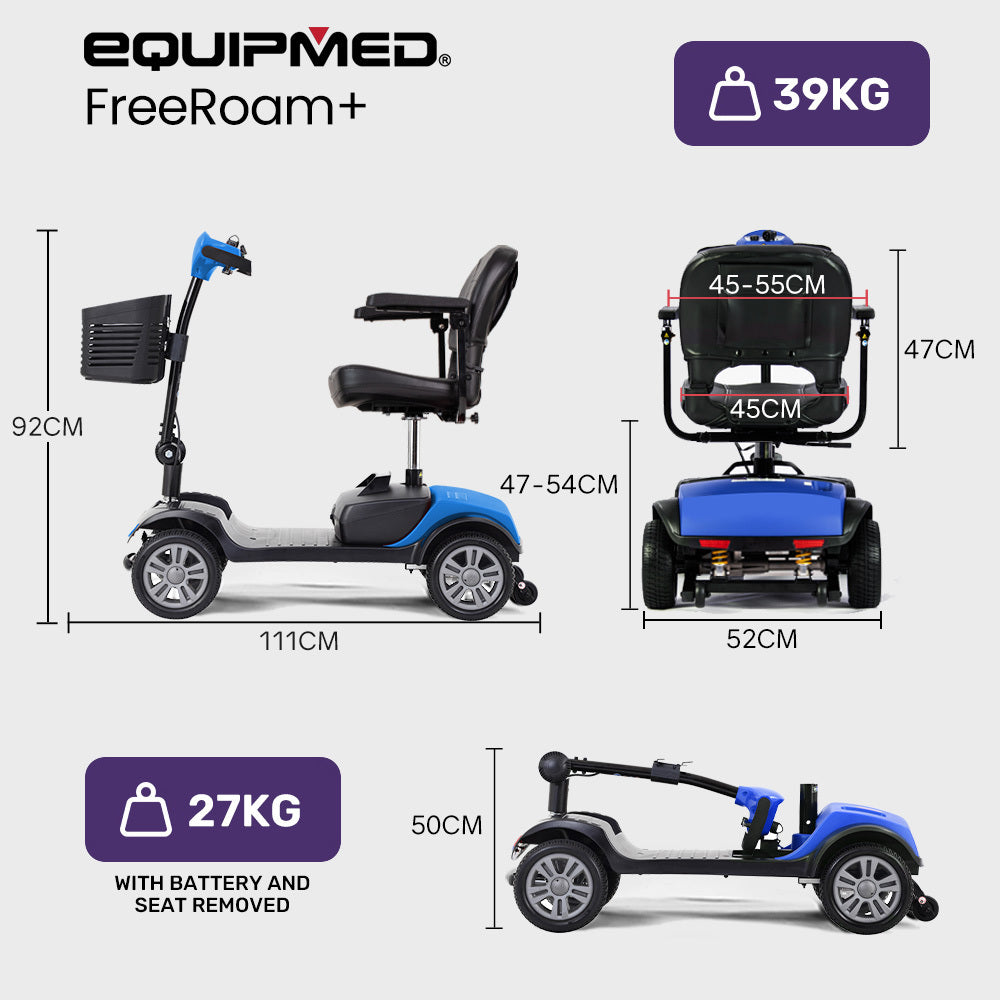 EQUIPMED FreeRoam+ Mid-Sized Lithium Fast Easy Charge Mobility Scooter, Blue V219-HMBMSCEQ3LBA