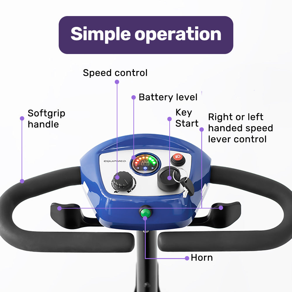 EQUIPMED FreeRoam+ Mid-Sized Lithium Fast Easy Charge Mobility Scooter, Blue V219-HMBMSCEQ3LBA