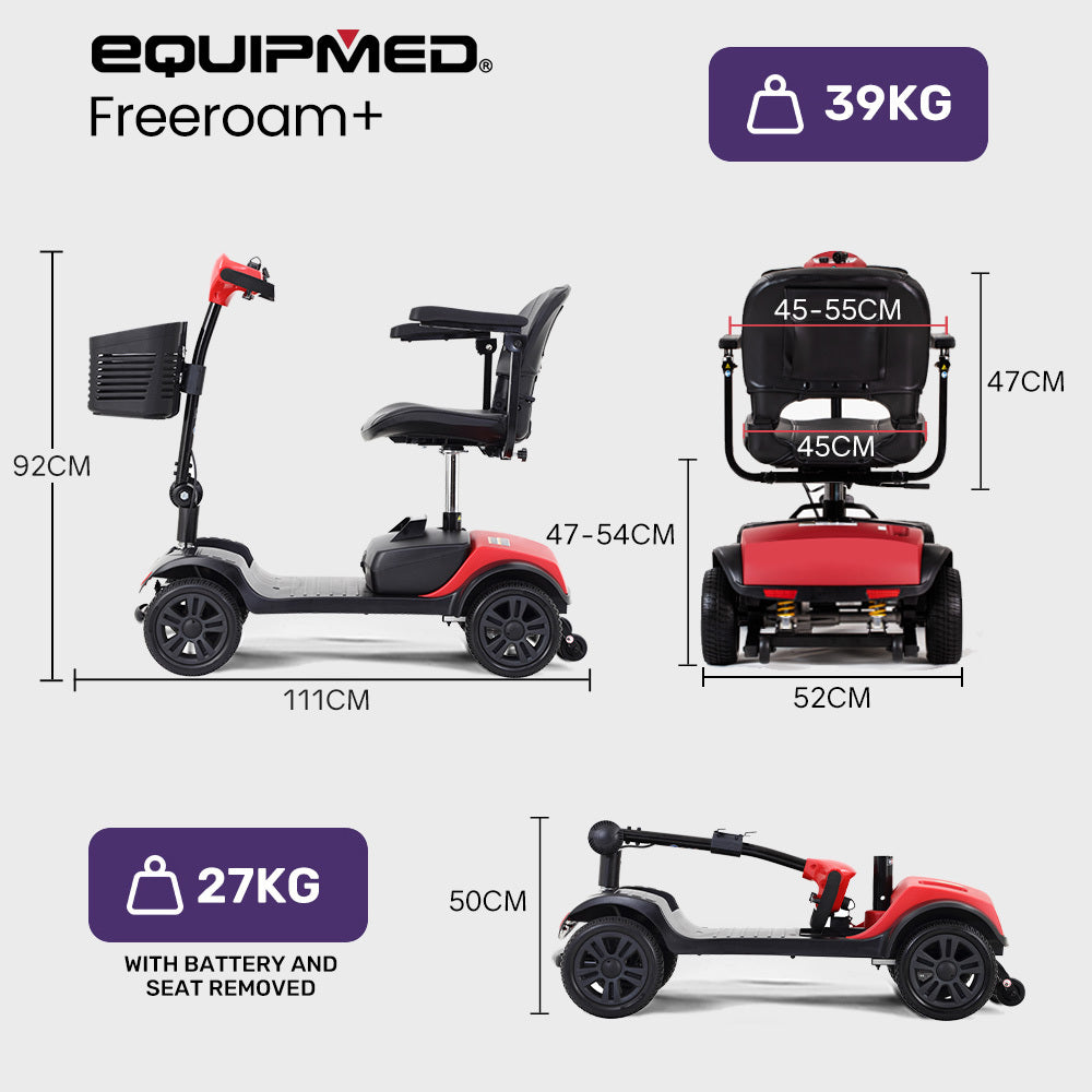 EQUIPMED FreeRoam+ Mid-Sized Lithium Fast Easy Charge Mobility Scooter, Red V219-HMBMSCEQ3LRA