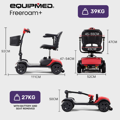 EQUIPMED FreeRoam+ Mid-Sized Lithium Fast Easy Charge Mobility Scooter, Red V219-HMBMSCEQ3LRA