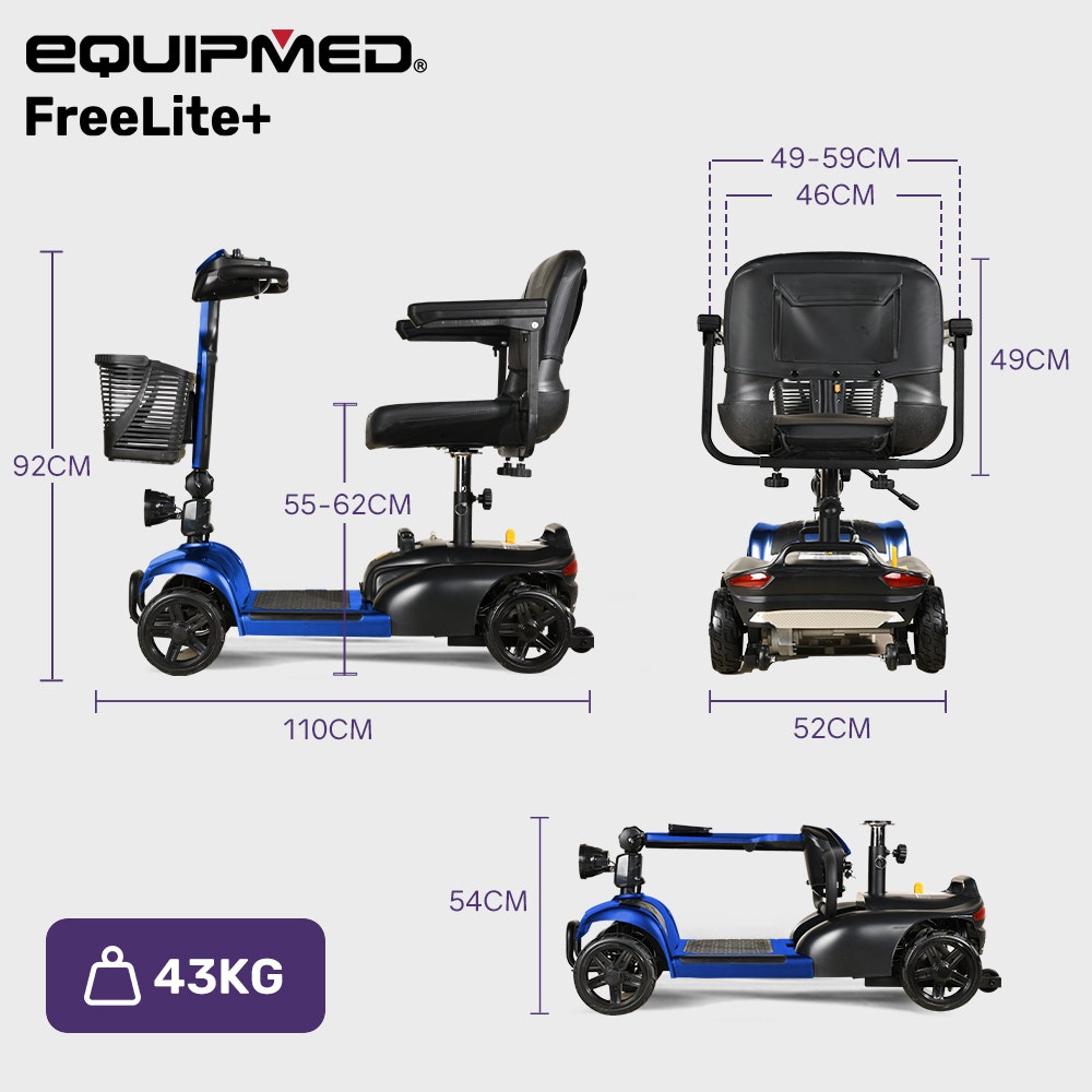 EQUIPMED FreeLite+ Mid-Sized Electric Foldable Mobility Scooter, Lithium Battery, Long Range and Easy V219-HMBMSCEQ4LBB