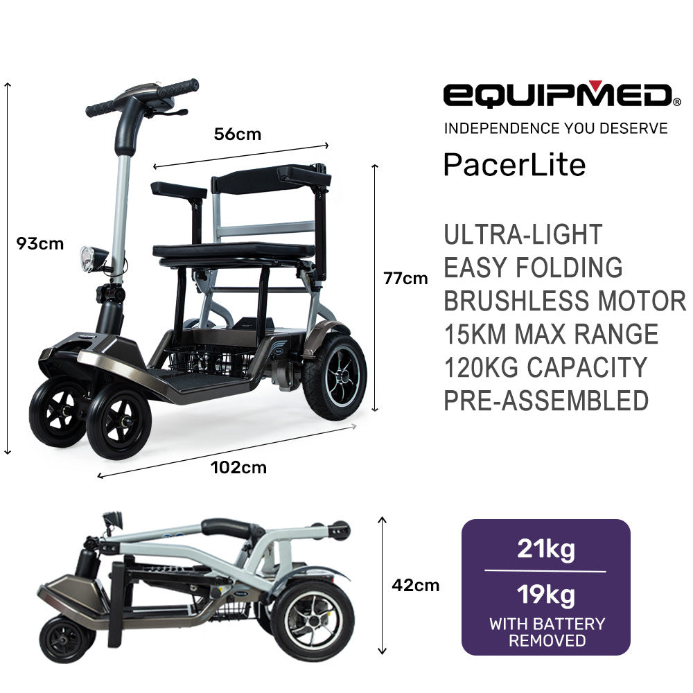 EQUIPMED Ultra-Lightweight Folding Electric Mobility Scooter, 19kg with Battery Removed, 120kg Capacity, Long V219-HMBMSCEQAL1A