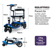 EQUIPMED Ultra-Lightweight Folding Electric Mobility Scooter, 19kg with Battery Removed, 120kg Capacity, Long V219-HMBMSCEQPL1BA