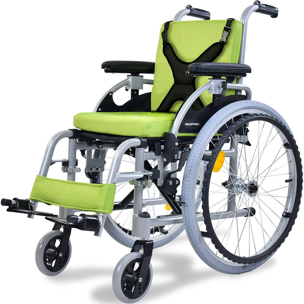 EQUIPMED Kids Premium Paediatric Wheelchair, Lightweight Aluminium, 22" Wheels, 75kg Rated, Green V219-HWCSTNEQK5GA
