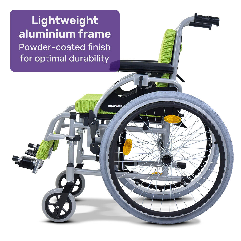 EQUIPMED Kids Premium Paediatric Wheelchair, Lightweight Aluminium, 22" Wheels, 75kg Rated, Green V219-HWCSTNEQK5GA