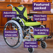 EQUIPMED Kids Premium Paediatric Wheelchair, Lightweight Aluminium, 22" Wheels, 75kg Rated, Green V219-HWCSTNEQK5GA