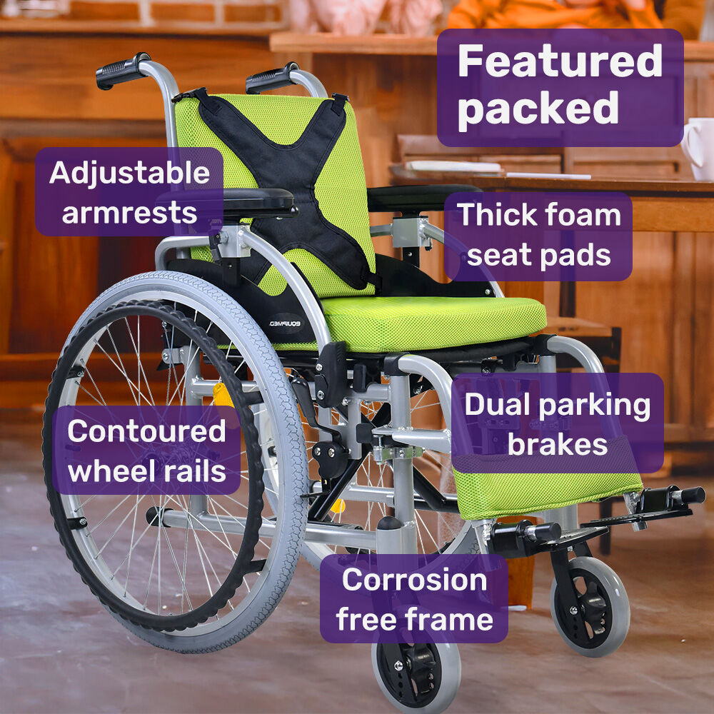 EQUIPMED Kids Premium Paediatric Wheelchair, Lightweight Aluminium, 22" Wheels, 75kg Rated, Green V219-HWCSTNEQK5GA