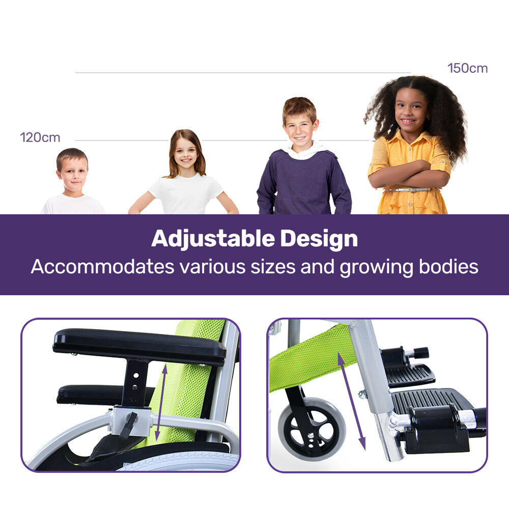 EQUIPMED Kids Premium Paediatric Wheelchair, Lightweight Aluminium, 22" Wheels, 75kg Rated, Green V219-HWCSTNEQK5GA