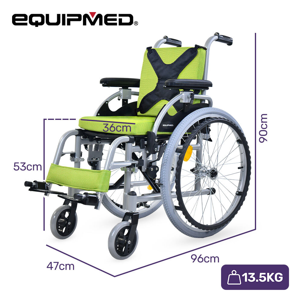 EQUIPMED Kids Premium Paediatric Wheelchair, Lightweight Aluminium, 22" Wheels, 75kg Rated, Green V219-HWCSTNEQK5GA