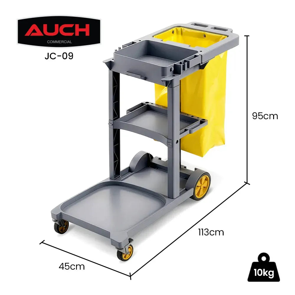 AUCH Janitor Cleaning Trolley, Housekeeping Cart, 3 Shelves, Tool Storage Clamp, Wet Sign Hook, Quiet Wheels, V219-MATJANAC09YB