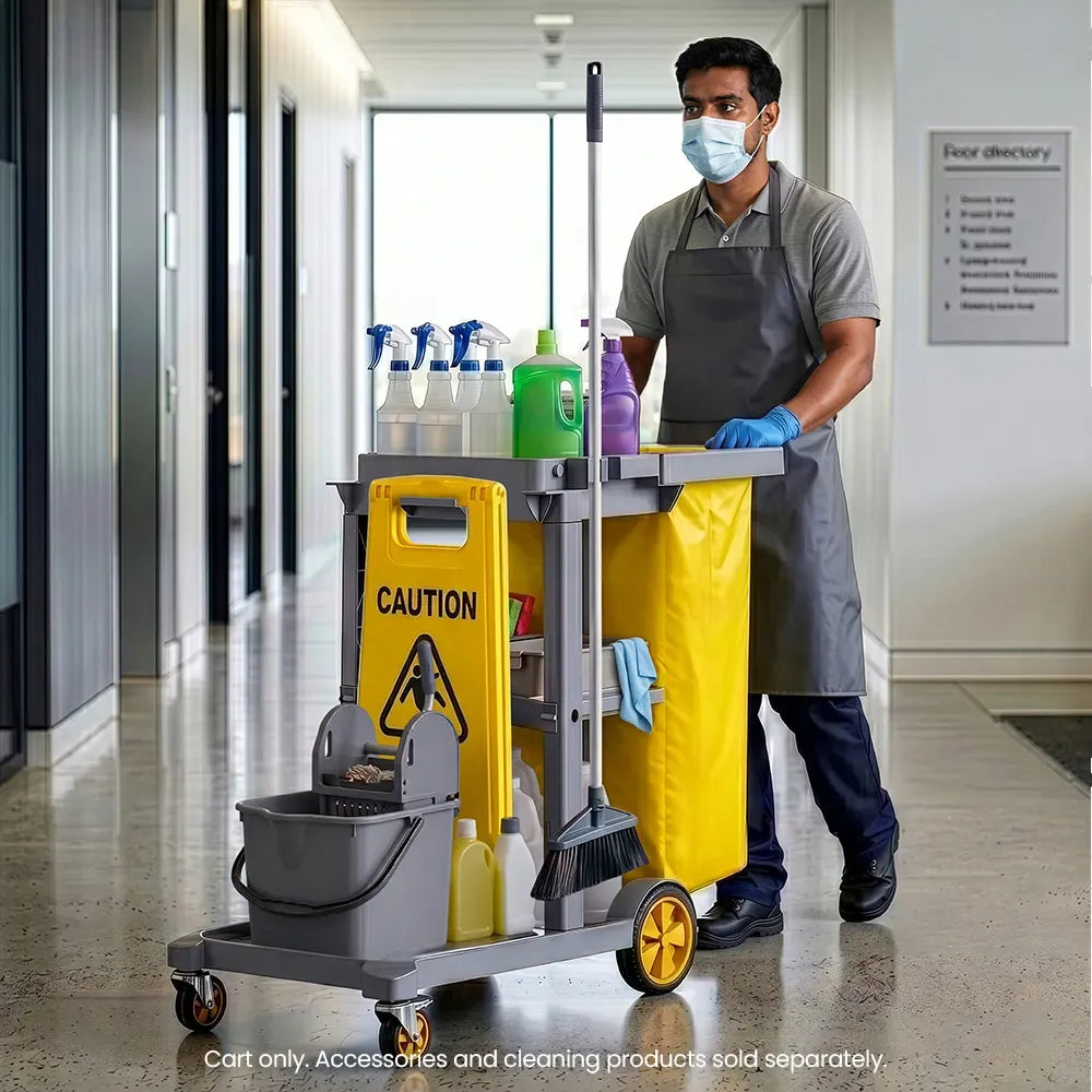 AUCH Janitor Cleaning Trolley, Housekeeping Cart, 3 Shelves, Tool Storage Clamp, Wet Sign Hook, Quiet Wheels, V219-MATJANAC09YB