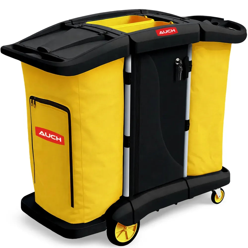 AUCH Double Bag Janitor Cleaning Trolley, Housekeeping Cart, Lockable Cabinet with Storage Tubs, Quiet V219-MATJANAC11YB