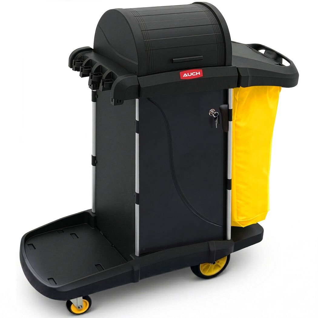 AUCH Double Bag Janitor Cleaning Trolley, Housekeeping Cart, Lockable Cabinet with Storage Tubs, Quiet V219-MATJANAC13YB