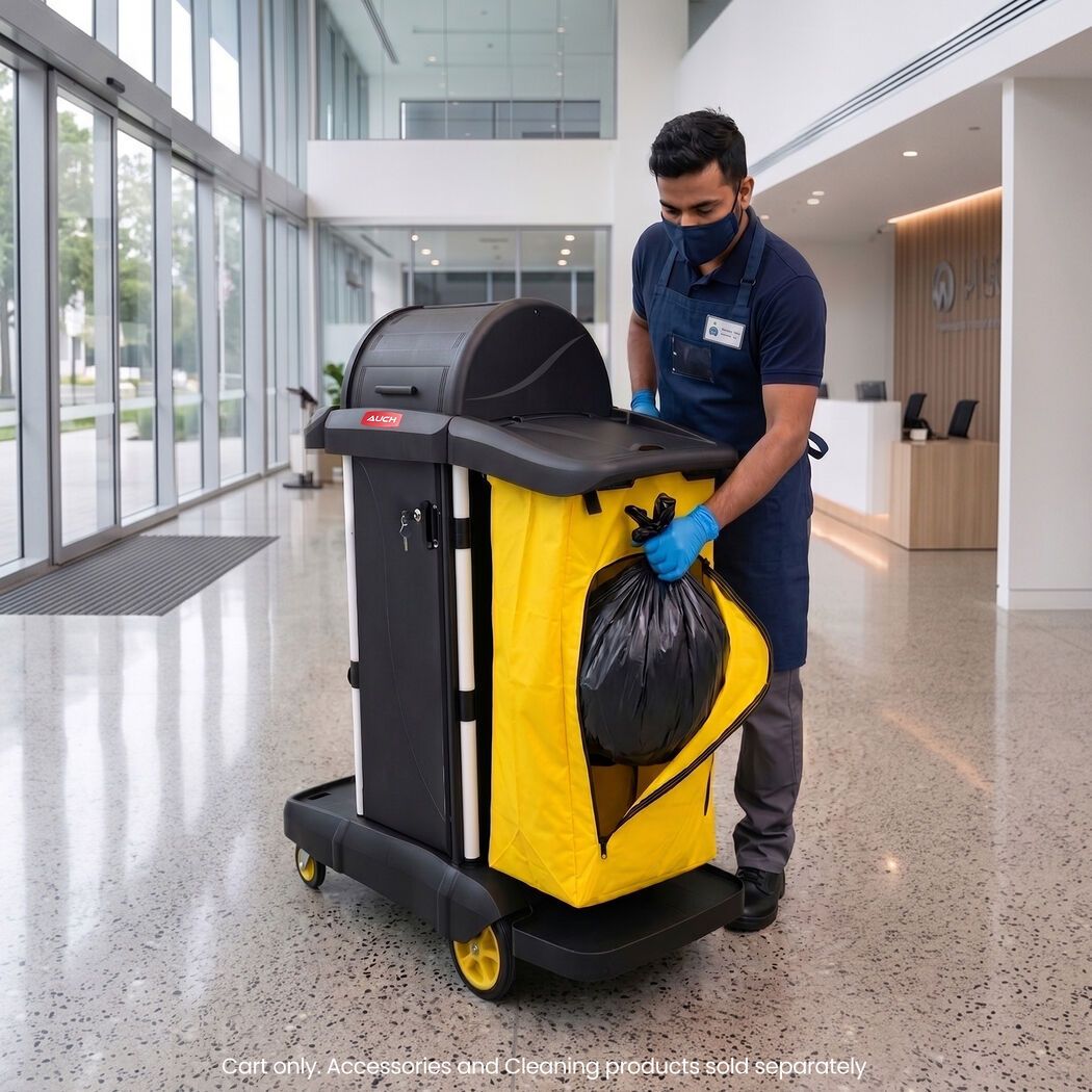 AUCH Double Bag Janitor Cleaning Trolley, Housekeeping Cart, Lockable Cabinet with Storage Tubs, Quiet V219-MATJANAC13YB
