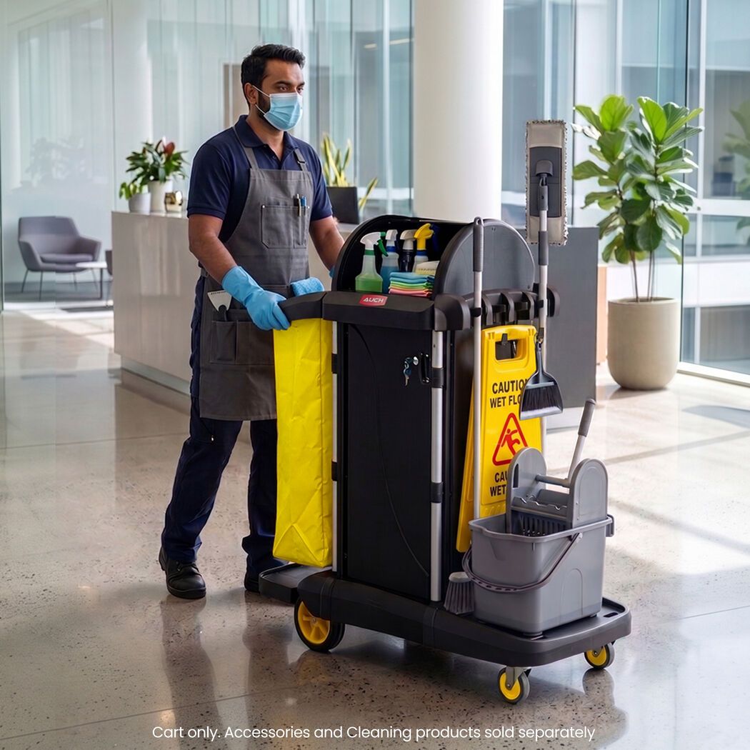 AUCH Double Bag Janitor Cleaning Trolley, Housekeeping Cart, Lockable Cabinet with Storage Tubs, Quiet V219-MATJANAC13YB