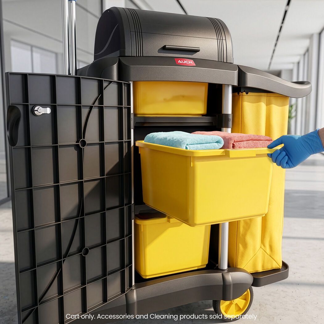 AUCH Double Bag Janitor Cleaning Trolley, Housekeeping Cart, Lockable Cabinet with Storage Tubs, Quiet V219-MATJANAC13YB