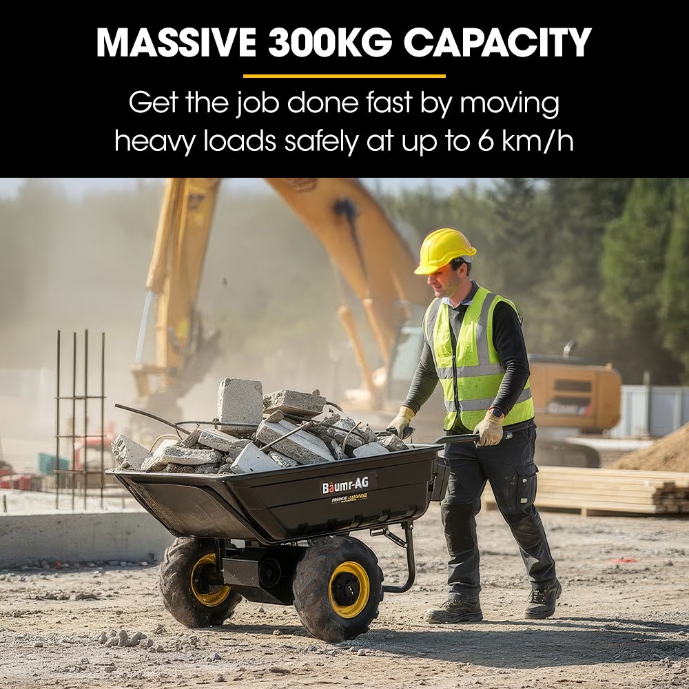 BAUMR-AG 40V Li-ion Powered 300KG / 300L Wheelbarrow, ATV Tow Bar, Deep V-tread Tyre, 2 Wheel Direct Drive V219-MATPBRBM1M1A