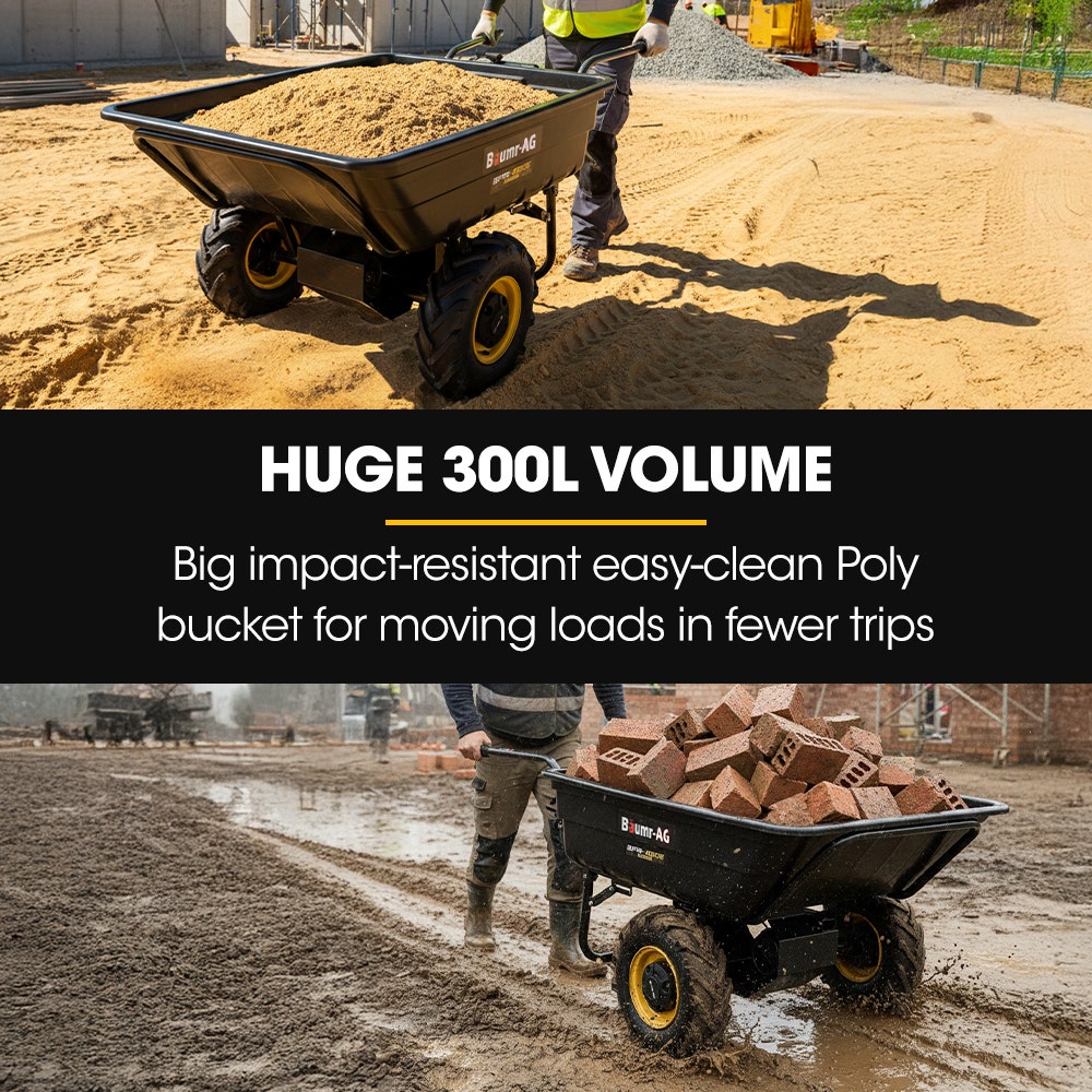 BAUMR-AG 40V Li-ion Powered 300KG / 300L Wheelbarrow, ATV Tow Bar, Deep V-tread Tyre, 2 Wheel Direct Drive V219-MATPBRBM1M1A