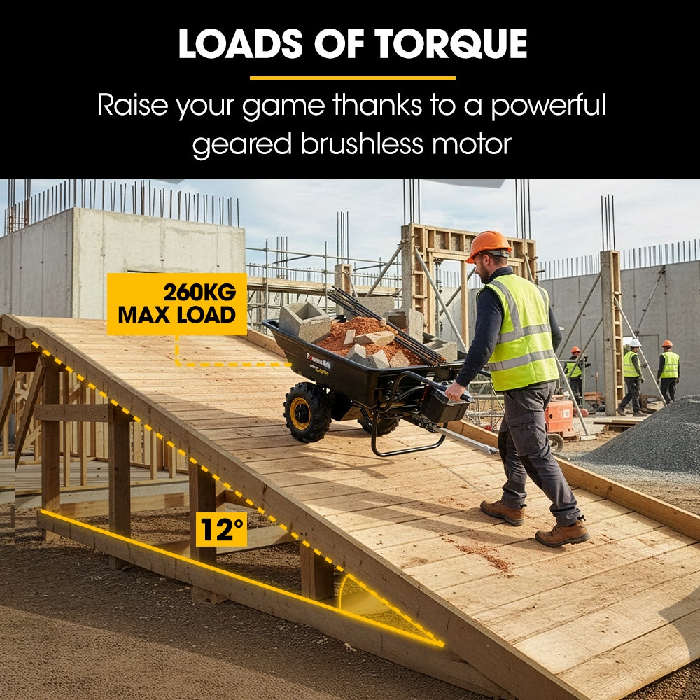 BAUMR-AG 40V Li-ion Powered 300KG / 300L Wheelbarrow, ATV Tow Bar, Deep V-tread Tyre, 2 Wheel Direct Drive V219-MATPBRBM1M1A