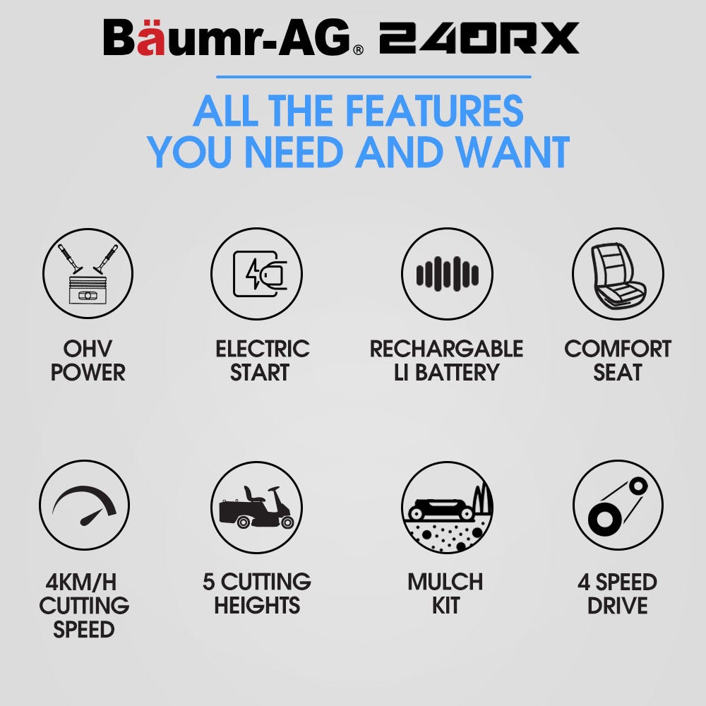 BAUMR-AG 24" Ride On Lawn Mower, Lithium Electric Start System, 6HP 224cc, 5 Cut Heights, Catcher and Mulch V219-MOWRIDBMP24A