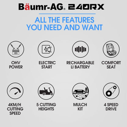 BAUMR-AG 24" Ride On Lawn Mower, Lithium Electric Start System, 6HP 224cc, 5 Cut Heights, Catcher and Mulch V219-MOWRIDBMP24A