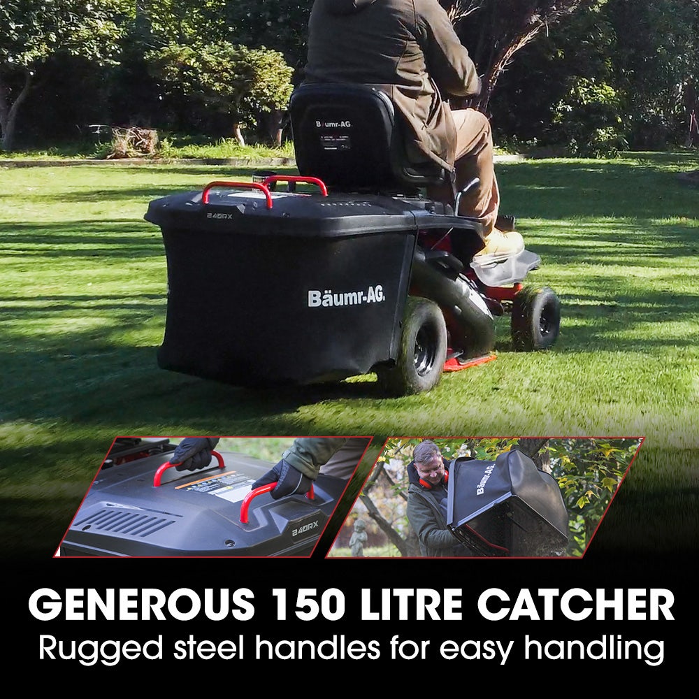 BAUMR-AG 24" Ride On Lawn Mower, Lithium Electric Start System, 6HP 224cc, 5 Cut Heights, Catcher and Mulch V219-MOWRIDBMP24A