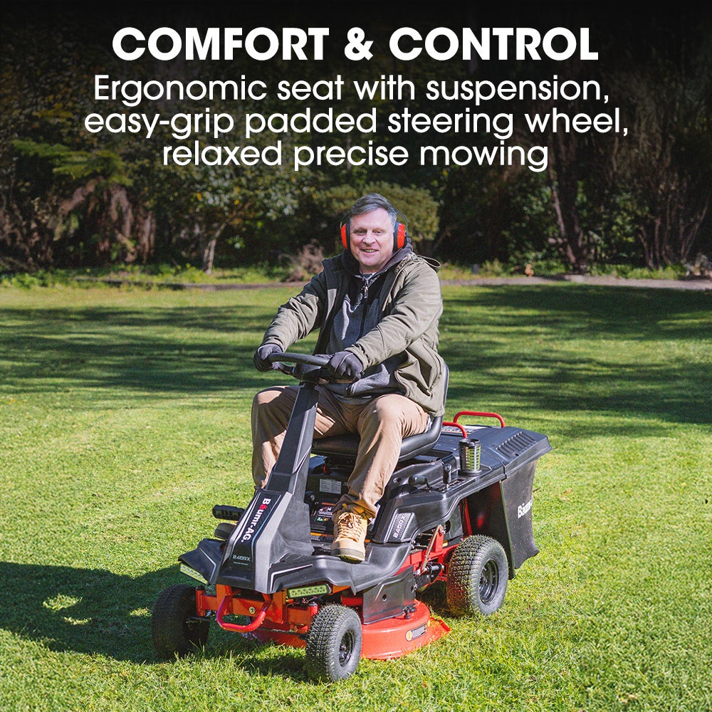 BAUMR-AG 24" Ride On Lawn Mower, Lithium Electric Start System, 6HP 224cc, 5 Cut Heights, Catcher and Mulch V219-MOWRIDBMP24A
