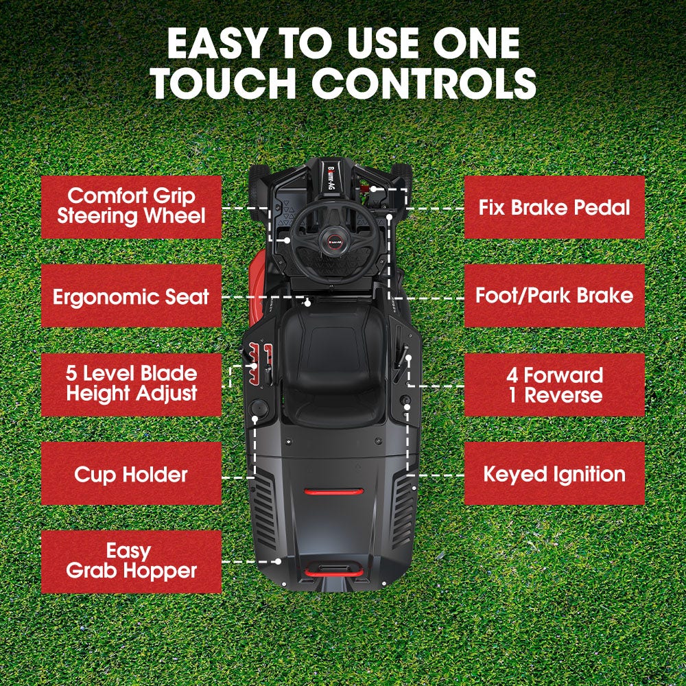 BAUMR-AG 24" Ride On Lawn Mower, Lithium Electric Start System, 6HP 224cc, 5 Cut Heights, Catcher and Mulch V219-MOWRIDBMP24A