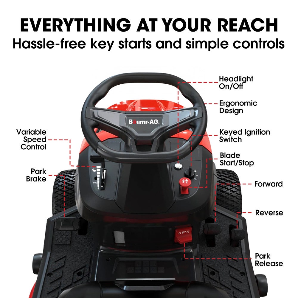 BAUMR-AG 38" Ride On Mower Tractor, Electric Start, 14hp 452cc, Hydrostatic, 100kg Towing, 7 Cut Heights V219-MOWRIDBMP38A