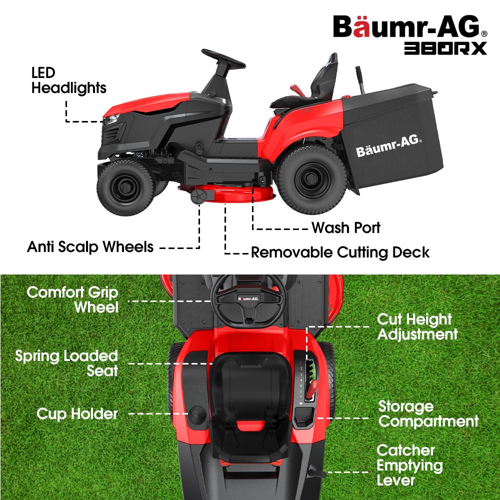 BAUMR-AG 38" Ride On Mower Tractor, Electric Start, 14hp 452cc, Hydrostatic, 100kg Towing, 7 Cut Heights V219-MOWRIDBMP38A