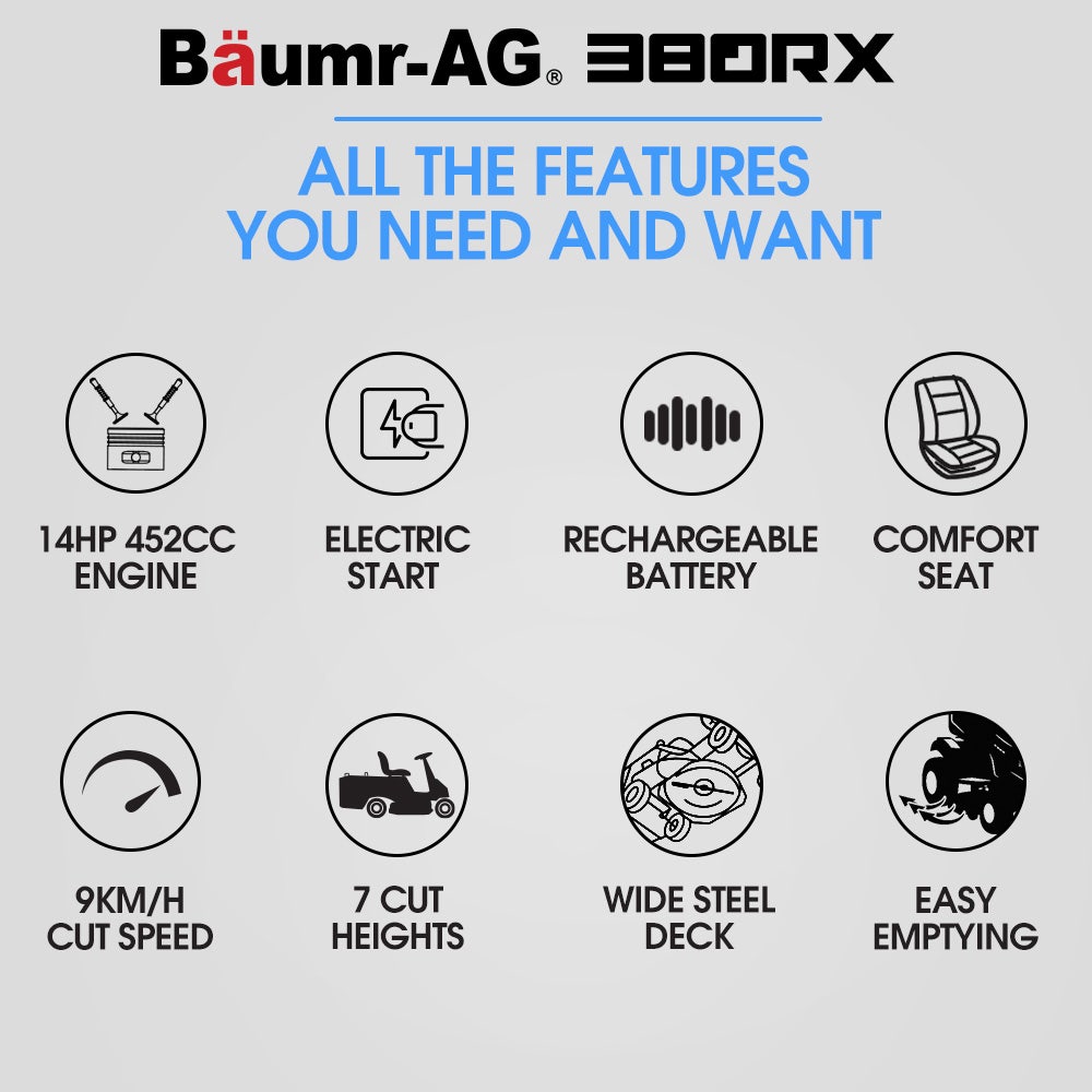 BAUMR-AG 38" Ride On Mower Lawn Tractor, Side Discharge or Mulch, Electric Start, 14hp 452cc, Hydrostatic, V219-MOWRIDBMP38SA