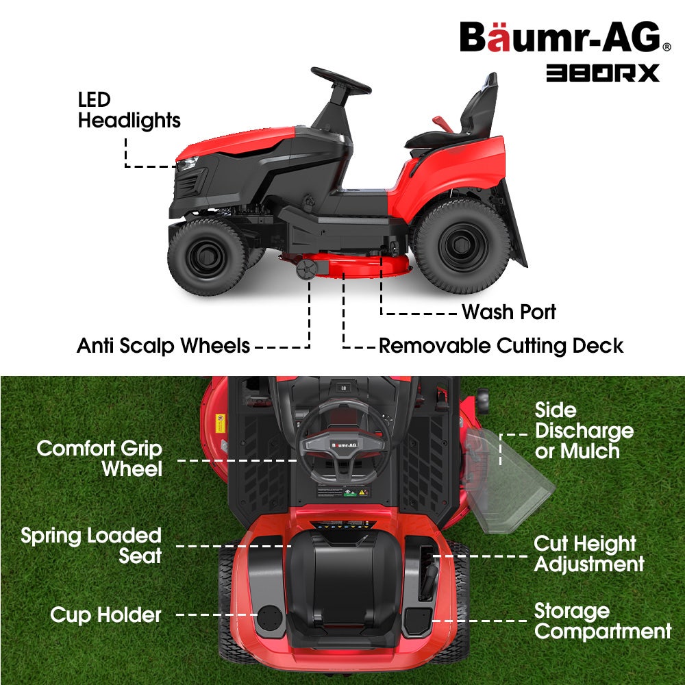 BAUMR-AG 38" Ride On Mower Lawn Tractor, Side Discharge or Mulch, Electric Start, 14hp 452cc, Hydrostatic, V219-MOWRIDBMP38SA