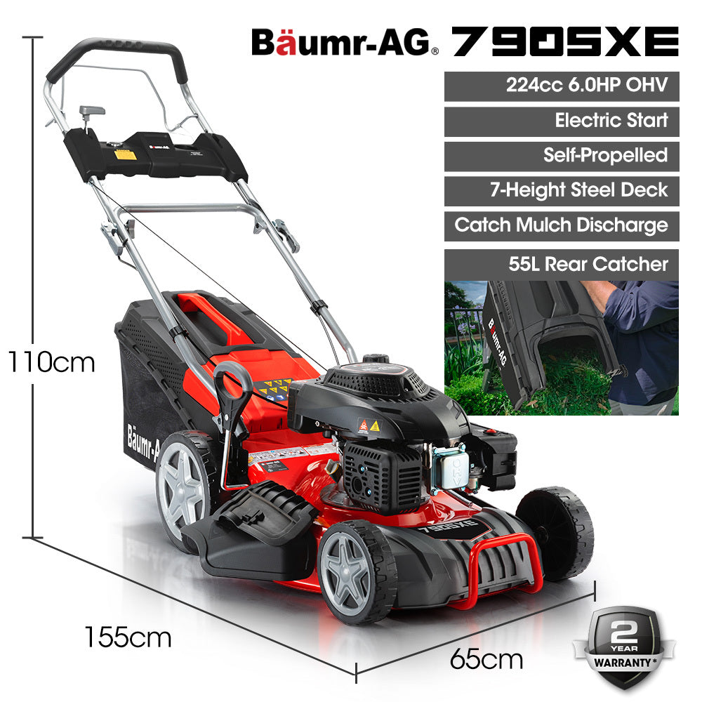 BAUMR-AG 18" 224cc Electric Start Self Propelled Lawn Mower, 7 Height, Steel Deck, 6HP, 4-Stroke Petrol V219-MOWSPRBM18EA